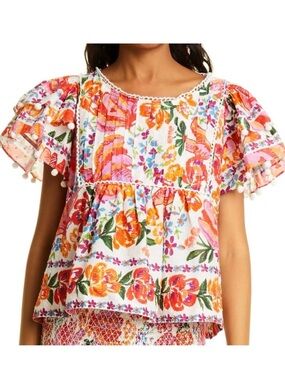 FARM Rio Bananas Tiered Sleeve Top with Pink, Red & Orange Blooms